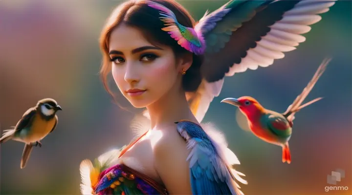 Beautiful individuals with bird wings, being visited by vividly colored birds. a lot of birds around
