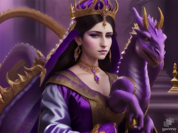 a queen dressed in purple with gold jewelry, holding an unknown exotoc purple and whit dragon.