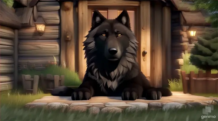 Make an animated video of a big black wolf scratching paws at the door of a cozy little cottage in the woods.there is green graass