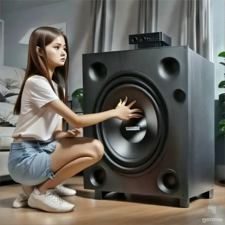 a woman kneeling down next to a speaker wubbing