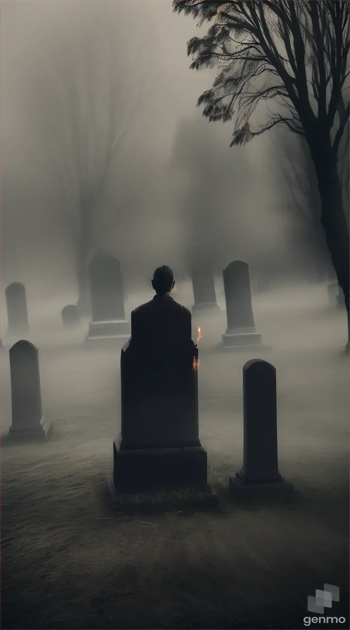 A shadowy figure standing in a misty graveyard, whispering to a ghostly apparition behind an old family photo