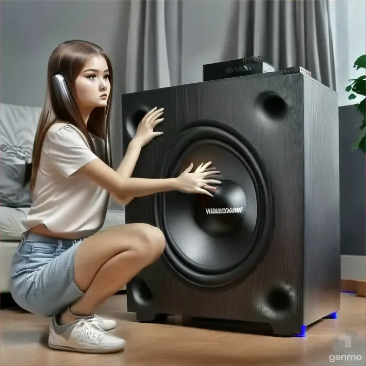 a woman kneeling down next to a speaker maximum volume wubbing