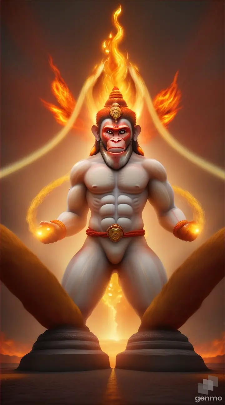 Hanuman stands resolute with a determined expression. As the camera zooms in on his eyes, each iris transforms to depict a different avatar in a fierce pose. The background explodes with golden light and swirling fire, creating a call to action with fire with cinematic effects behind the God Hanuman 