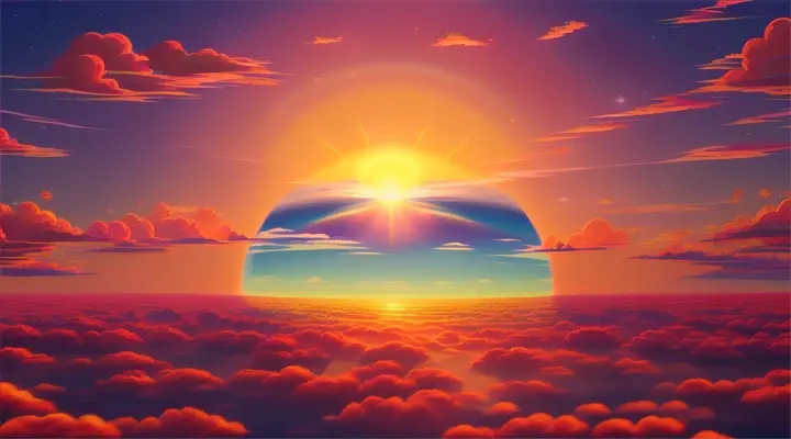 A 3D animated cartoon of the sun during the sunset painting the sky with its bright color 