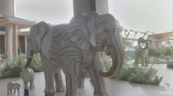 a statue of an elephant and a baby elephant on a deck. 