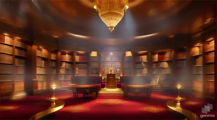 A gorgeous library is depicted. This library has a dramatic atmosphere, with endless bookshelves and books with golden pages. A person is standing inside a library, and he can be seen from behind. He is wearing a suit and holding a book in his left hand. Particles of light are floating in the air, emitting a mysterious light. The floor is decorated with a red carpet, further emphasizing this noble atmosphere.
3d style animation 16:9