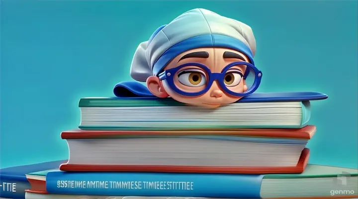 a cartoon character is peeking over a stack of books