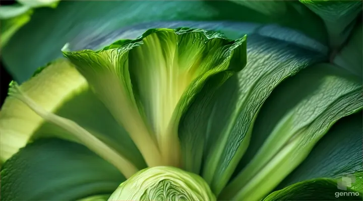 In the foreground of the canvas is a lush, picturesque garden, overflowing with the bounty of living nature. Chinese cabbage unfolds its green pages as if revealing something deeper than just flora. They absorb the endless love and wisdom of the creator with their petals.