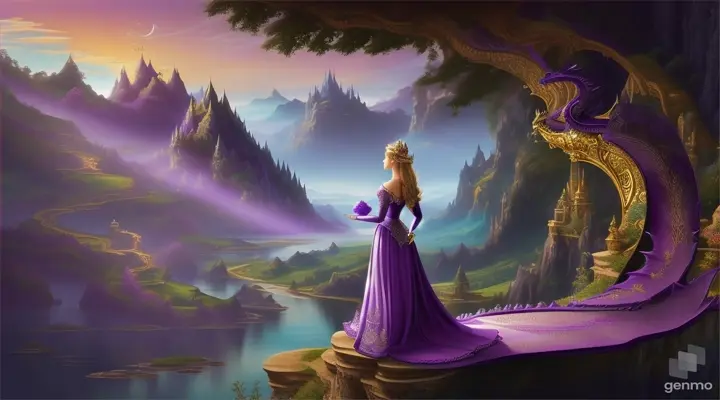 a princess holding an unknown purple dragon. super far perspective