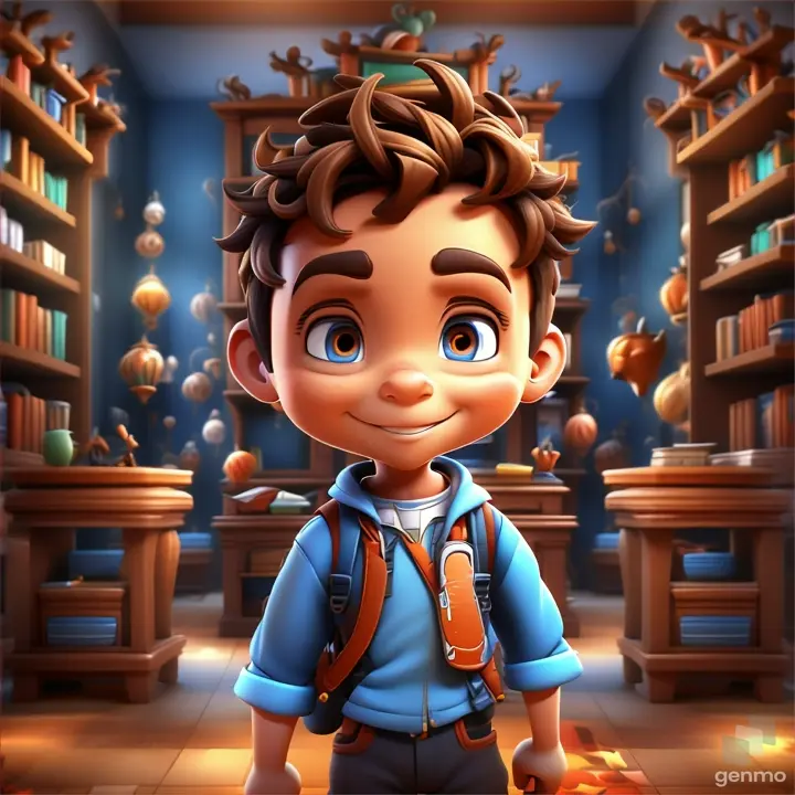 a cartoon boy with a backpack standing in front of a bookshelf, make the boy move 