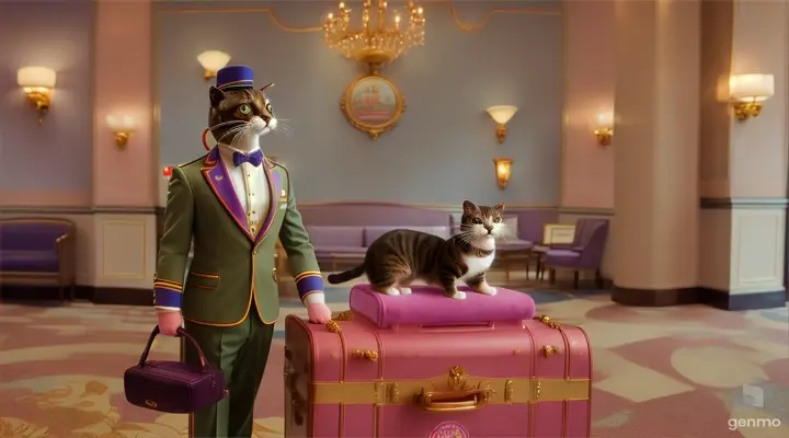 Un gato y una lontra trabajando en un hotel