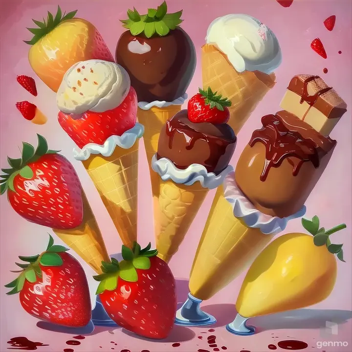 a painting of ice cream, strawberries, and chocolate