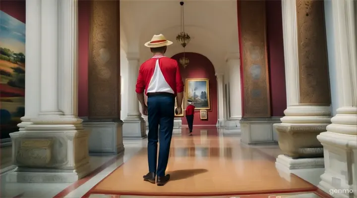 When Hoang (Asian man, red shirt, trousers, artist's hat) visited the Ho Chi Minh Museum of Fine Arts in Vietnam, in the afternoon.a with video of 16:9