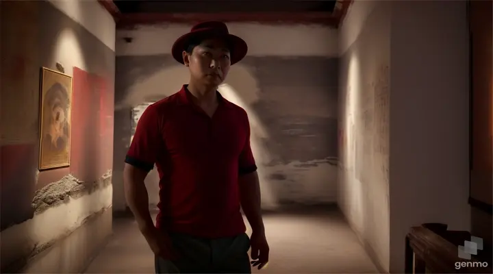 When Hoang (Asian man, red shirt, trousers, artist's hat) was alone, he reached a room displaying ancient paintings, with a scary aura.a with video of 16:9