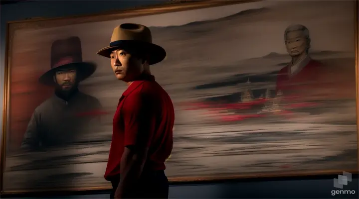 When Hoang (Asian man, red shirt, trousers, artist's hat) was alone, he reached a room displaying ancient paintings, with a scary aura.a with video of 16:9