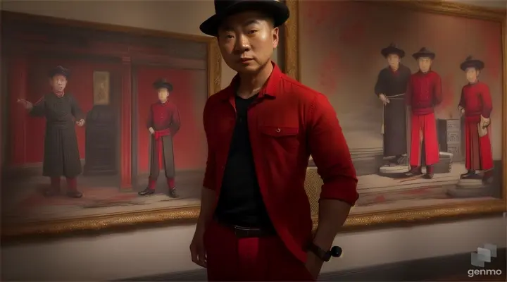 When Hoang (Asian man, red shirt, trousers, artist's hat) was alone, he reached a room displaying ancient paintings, with a scary aura.a with video of 16:9