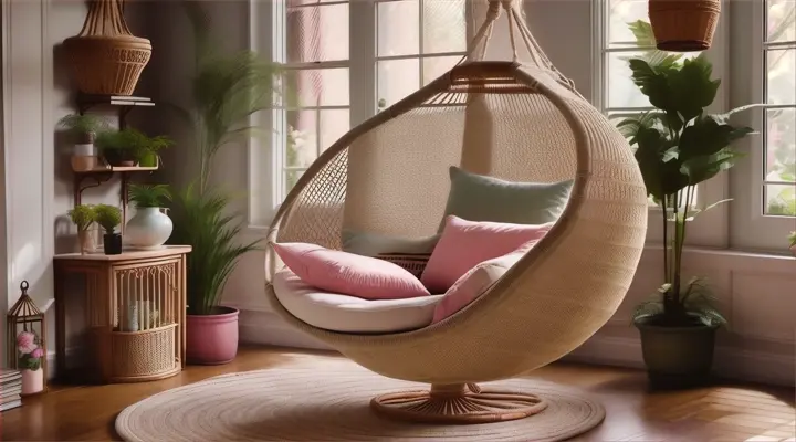 A cozy reading nook on a boho terrace, with rattan chair, patterned cushions, surrounded by plants and dusty pink hues