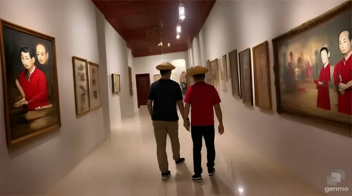 When Hoang (Asian man, red shirt, trousers, artist's hat) walks through the dark hallway of the Ho Chi Minh Museum of Fine Arts towards the ancient paintings room, with a scary aura.a with video of 16:9