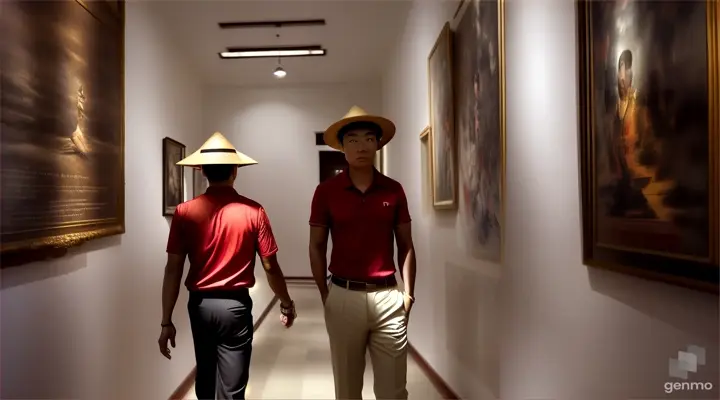 When Hoang (Asian man, red shirt, trousers, artist's hat) walks through the dark hallway of the Ho Chi Minh Museum of Fine Arts towards the ancient paintings room, with a scary aura.a with video of 16:9