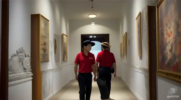 When Hoang (Asian man, red shirt, trousers, artist's hat) walks through the dark hallway of the Ho Chi Minh Museum of Fine Arts towards the ancient paintings room, with a scary aura.a with video of 16:9