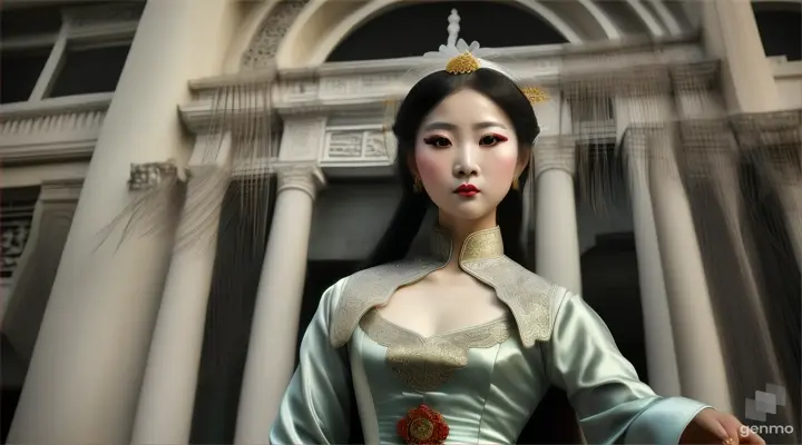 female ghost Hui Bi-Hua, a ghost dressed in traditional Vietnamese clothing, her face is scary, beautiful, her face is pale and scary at the Ho Chi Minh Museum of Fine Arts.a with video of 16:9