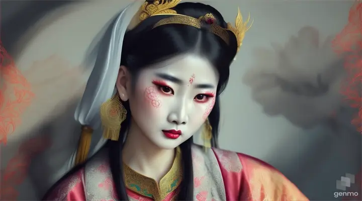 female ghost Hui Bi-Hua, a ghost dressed in traditional Vietnamese clothing, her face is scary, beautiful, her face is pale and scary in the room of the Ho Chi Minh Fine Arts Museum.a with video of 16:9