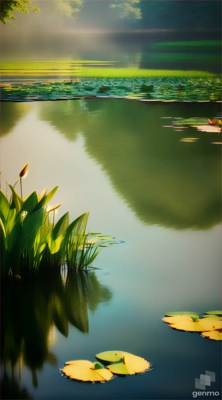 A tranquil pond adorned with lily pads and inhabited by a chorus of croaking frogs.
