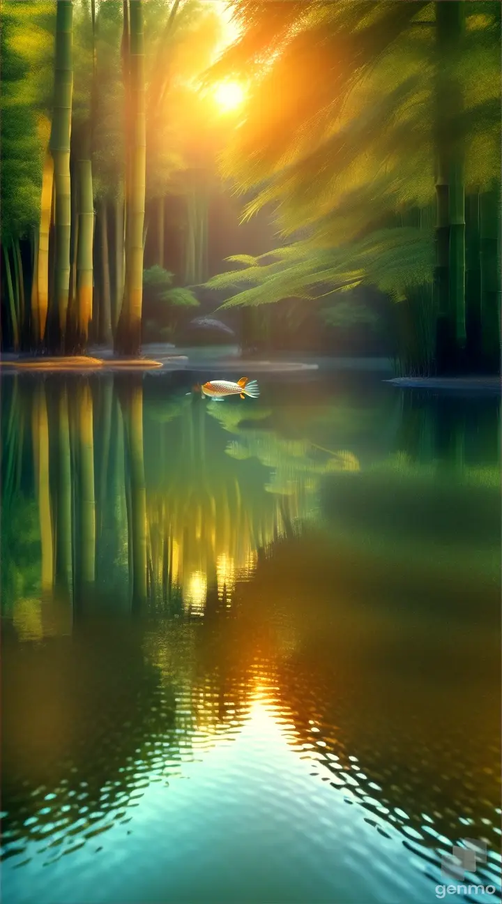 A serene pond nestled among towering bamboo stalks, with colorful koi fish swimming lazily beneath the surface.
