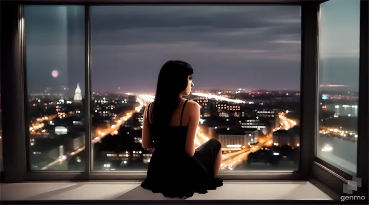 a girl in a black dress sits on the windowsill, there is a night city outside the window