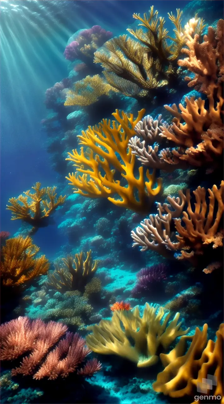 The vibrant colors of a coral reef teeming with life beneath the clear blue waters of the ocean.
