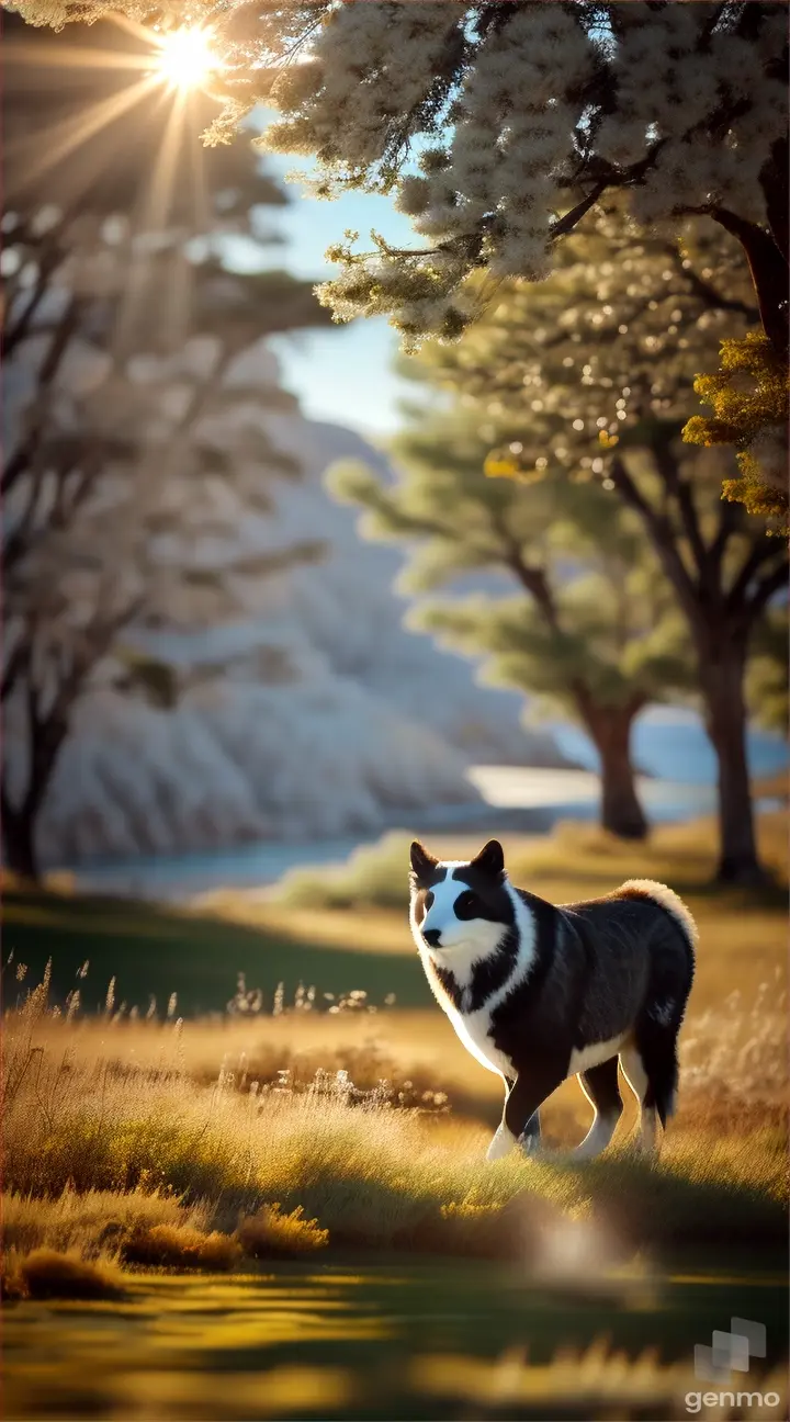 paisaje hermoso con sol brillante , animales hermosos todo en 8k realistico ,