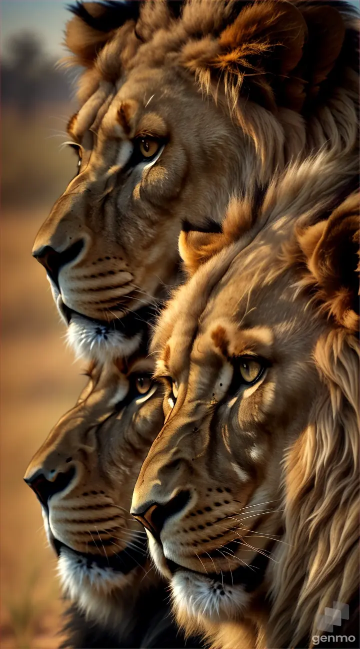 paisaje hermoso con sol brillante , leones hermosos todo en 8k realistico ,