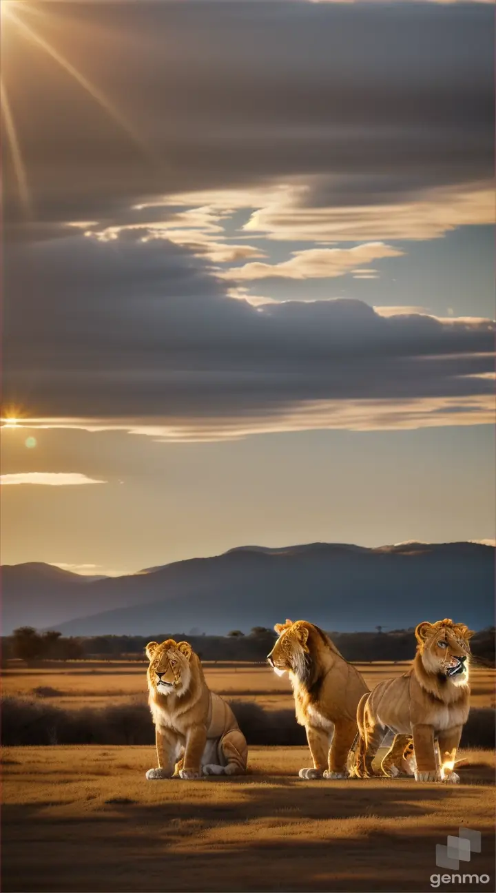 paisaje hermoso con sol brillante , leones hermosos todo en 8k realistico ,