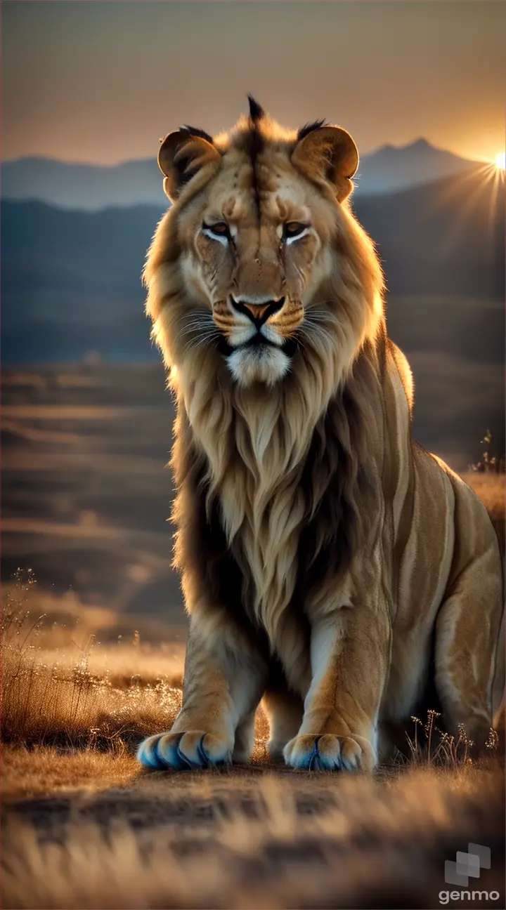paisaje hermoso con sol brillante , leones hermosos todo en 8k realistico ,