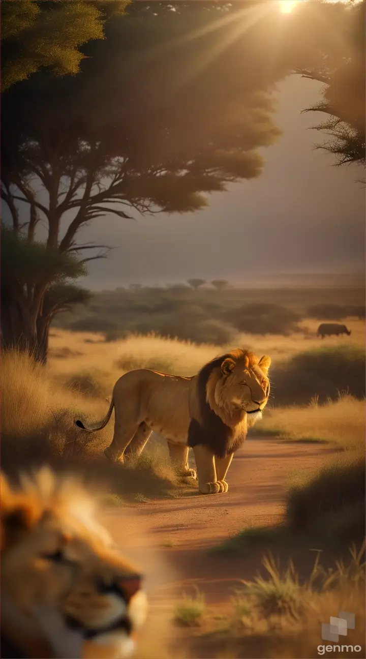 paisaje hermoso con sol brillante , leones hermosos todo en 8k realistico ,