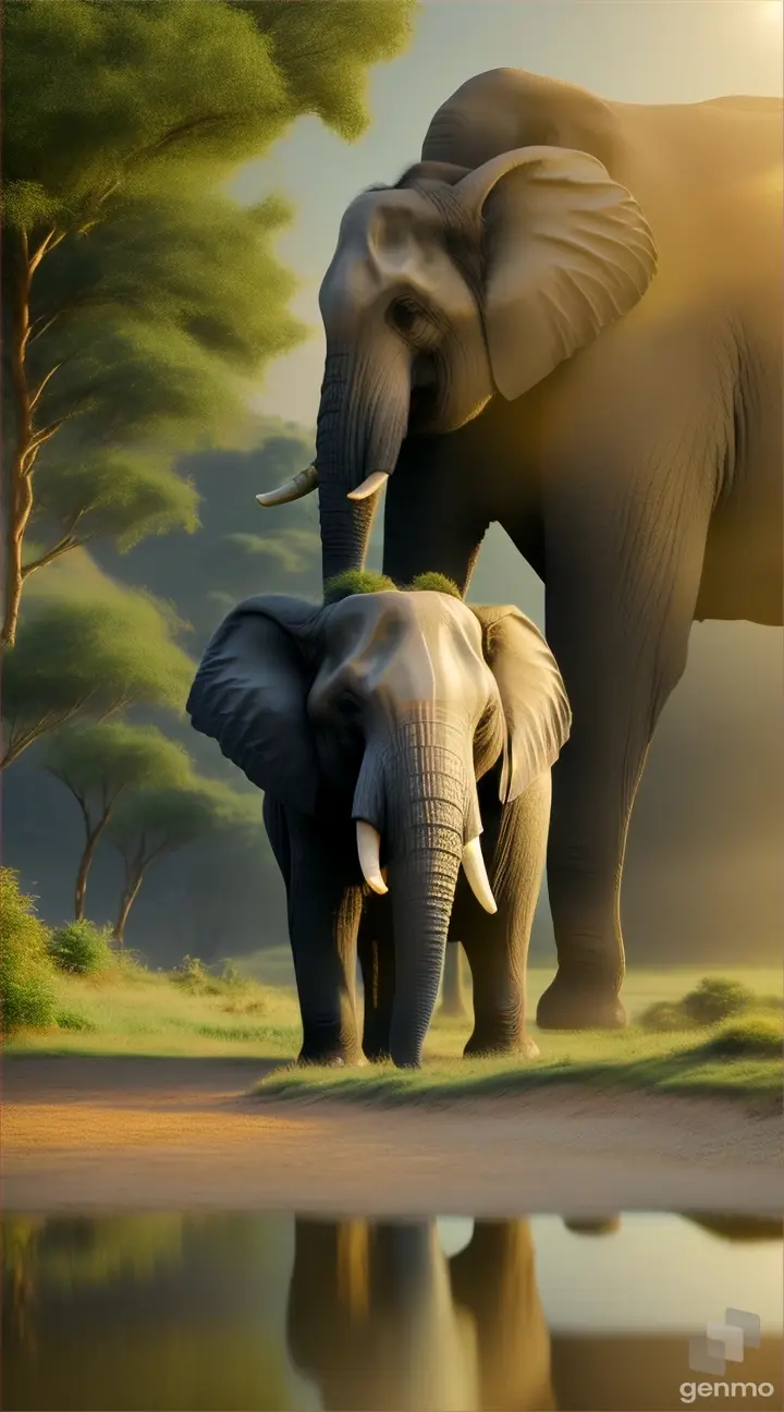 paisaje hermoso con sol brillante , elefante hermosos todo en 8k realistico ,