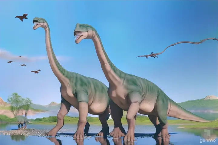two large dinosaurs walking through a body of water