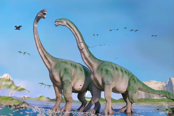 two large dinosaurs walking through a body of water