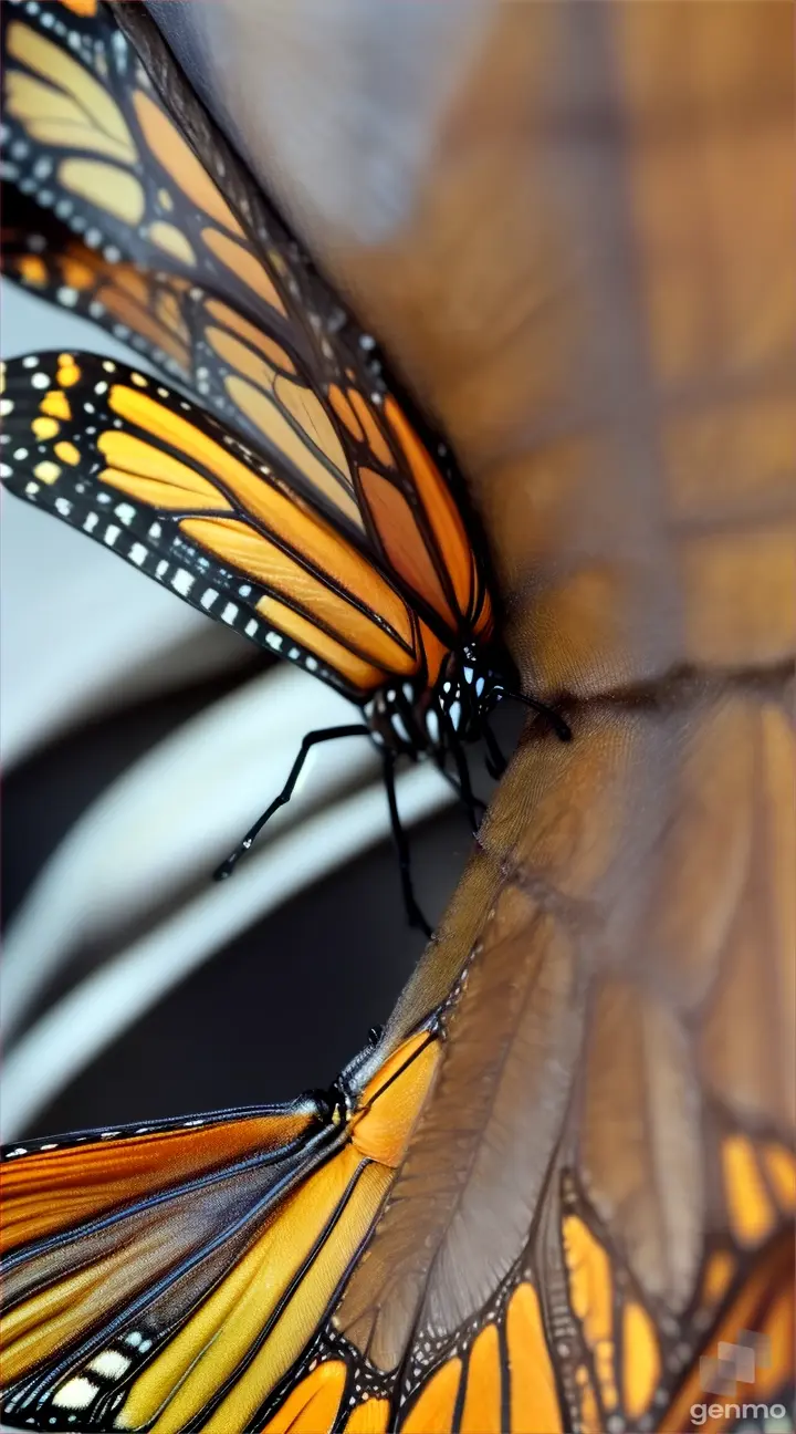 Close-up of a monarch butterfly emerging from its chrysalis, its wings still wet and crumpled.
