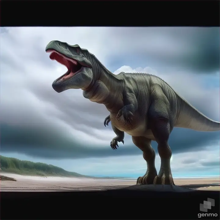 a large dinosaur standing on top of a sandy beach