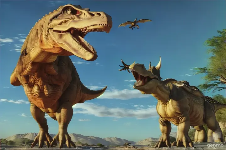 two dinosaurs are fighting in the desert