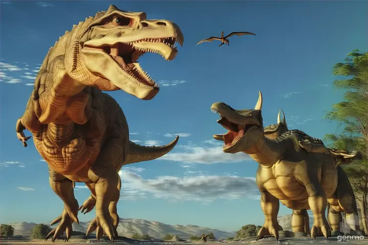 two dinosaurs are fighting in the desert