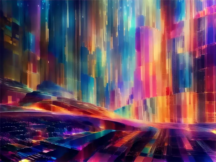 a futuristic city with colorful lines and a mountain in the background