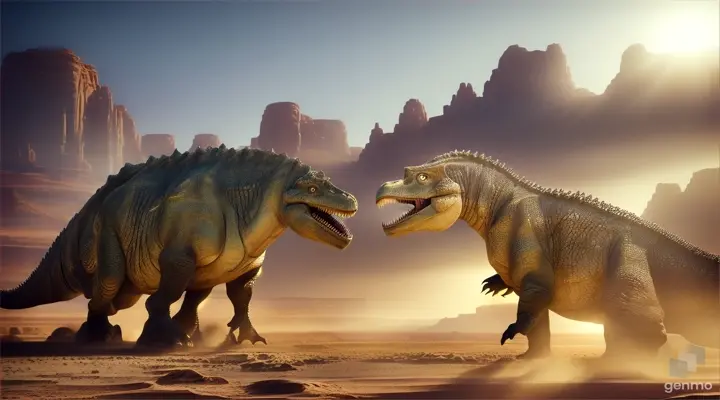 Two dinosaurs engaged in a battle amid a picturesque oasis shimmering with light in the midst of the dry desert.