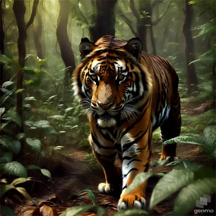 a tiger walking through a lush green forest