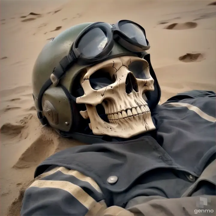 a skull wearing a helmet and goggles laying in the sand