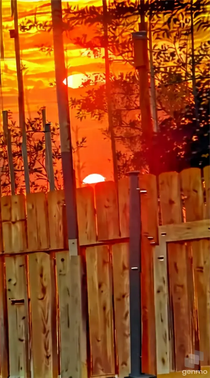 the sun is setting behind a wooden fence