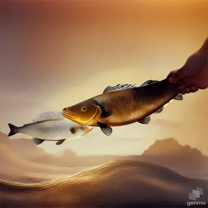 create a image "five thousand years ago,
8 people have been hunting fish in the sea. clear image of fish in net in man hand