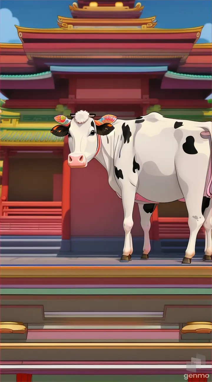 an animated cow is standing near a temple