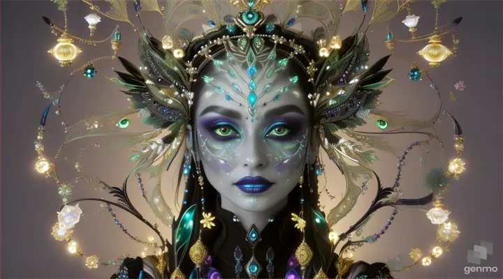 Acid,
Net,
elegant,
Glass,
face of an alien creature,
bioluminescence,
lines,
petals,
unique visual experience,
Sofonisba Anguissola,
side view,
Vanguard,
baroque punk,
sorcerer,
complex detailed
Raw professional photo,
SLR camera,
HDR
film photography. Head and shoulders,
high M-shaped headdress made of fabric + bead embroidery + stems,
full head